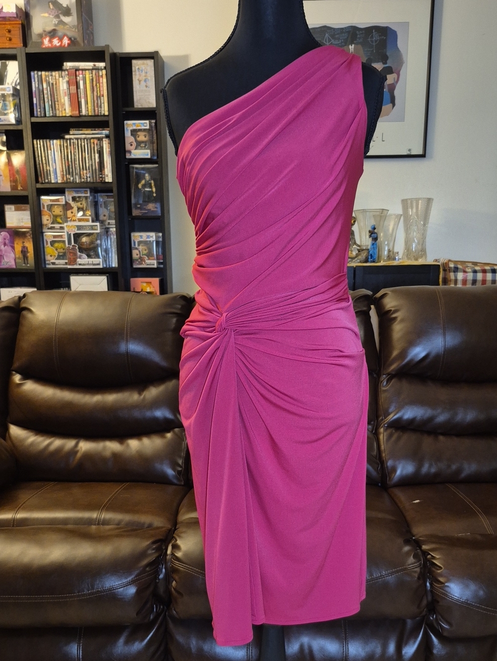 Boston Proper One-Shoulder Fuchsia Knot-Detail Midi Dress - Picture 1 of 2